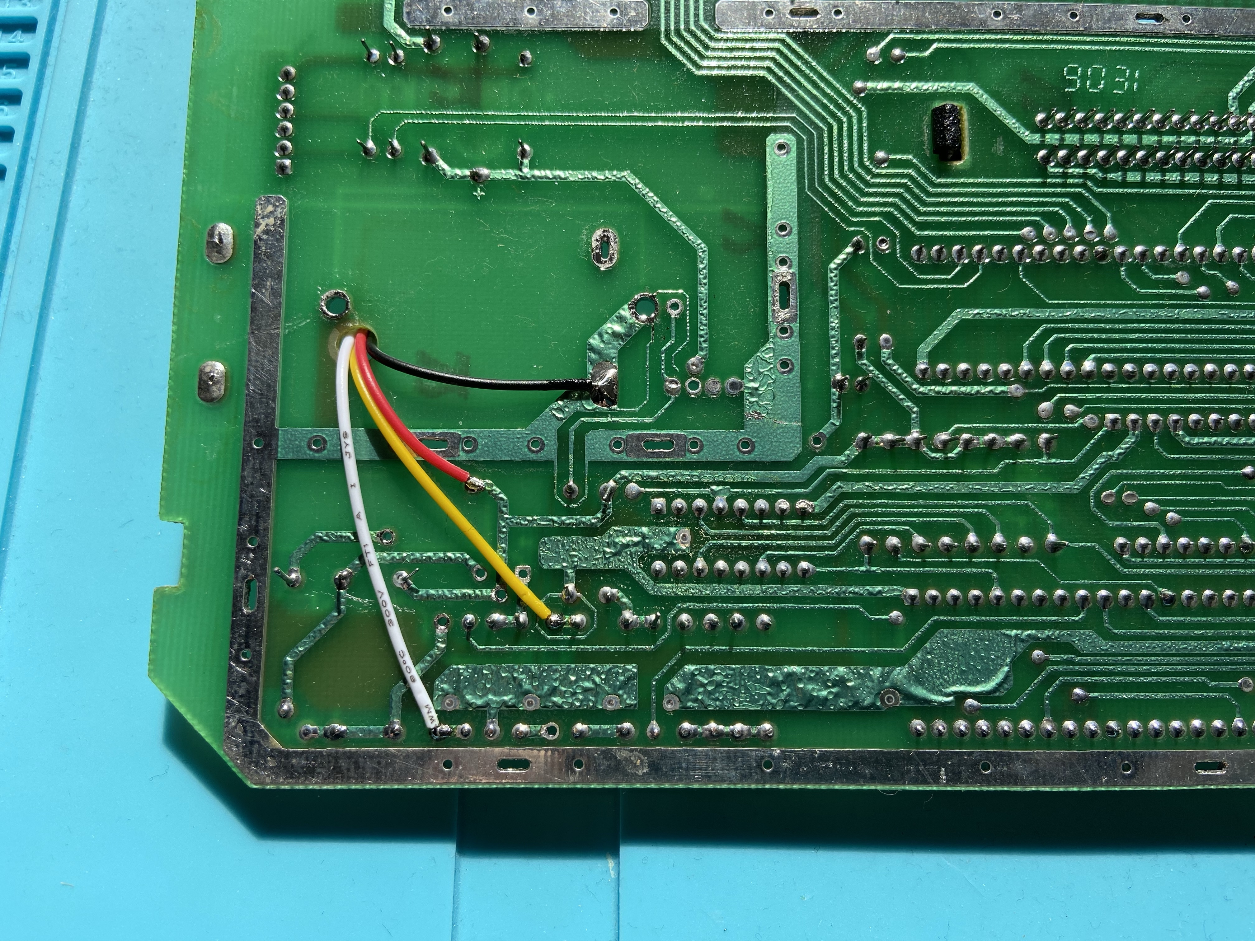 Video, Audio, 5V and ground tapped on the bottom of an Atari Jr. motherboard