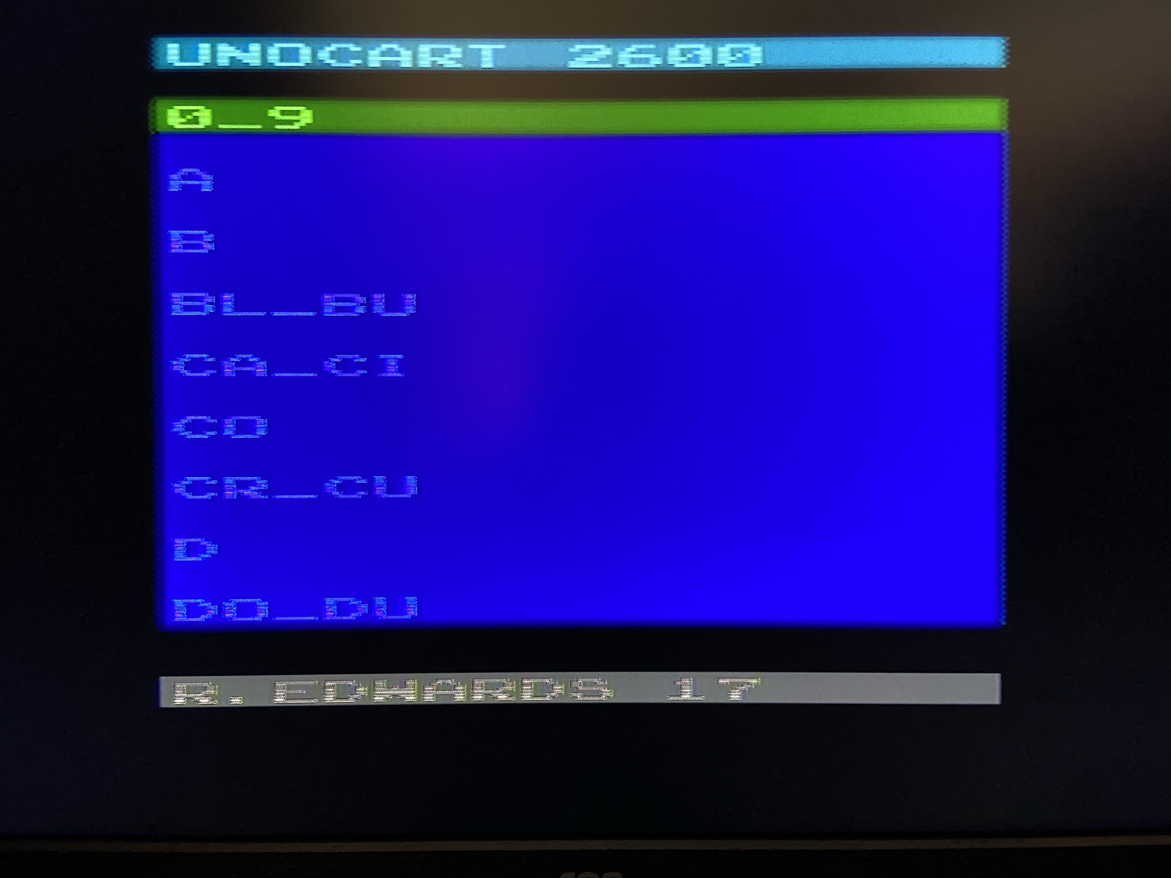 The UnoCart-2600 menu on the Atari 2600